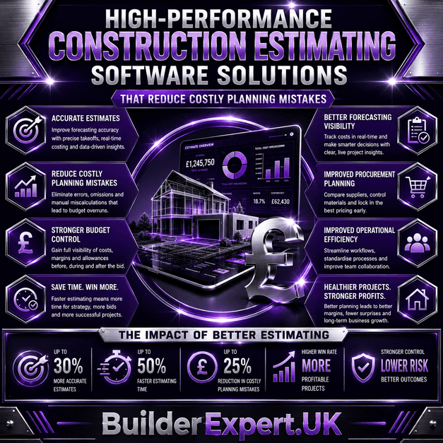 Professional dark purple and black construction infographic highlighting high-performance construction estimating software solutions that reduce costly planning mistakes, improve forecasting accuracy, strengthen budgeting visibility, and support healthier residential construction profitability.