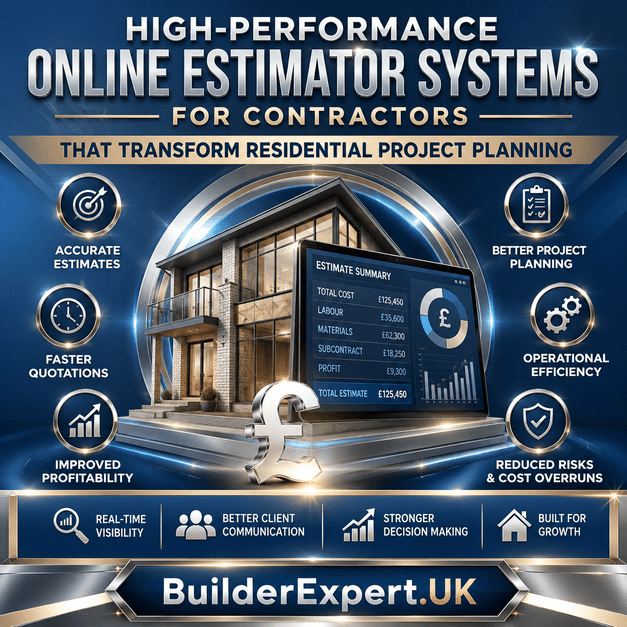 Professional blue and beige construction infographic highlighting high-performance online estimator systems for contractors that transform residential project planning, improve forecasting visibility, strengthen quotation accuracy, and increase operational efficiency.