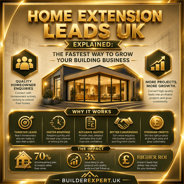 Infographic showing home extension leads UK benefits including higher conversions, more projects, and business growth for builders
