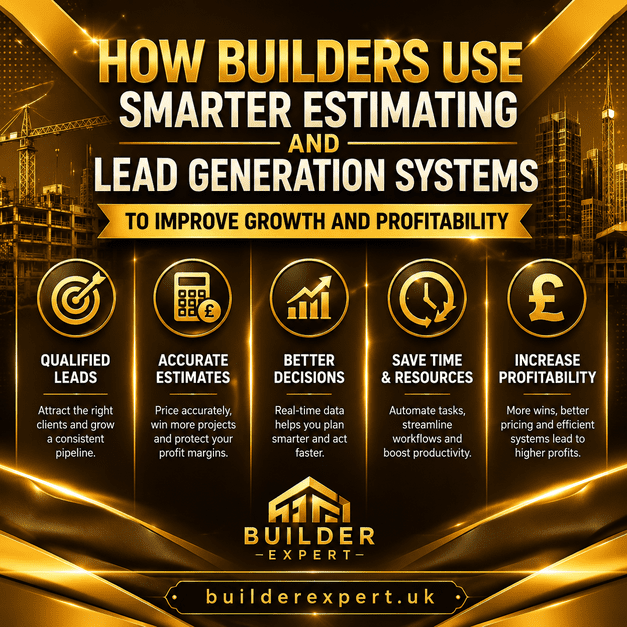 Professional construction infographic showing how builders use smarter estimating and lead generation systems to improve profitability, pricing accuracy, workflow efficiency, and business growth through modern digital construction tools. (construction leads and estimating tools)