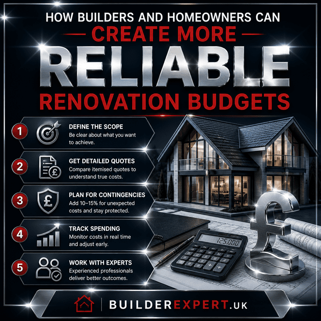 Infographic showing how builders and  Online Estimator for Renovation Costshomeowners can create more reliable renovation budgets including planning, cost tracking, and contingency budgeting