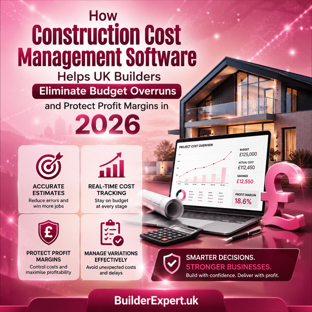 Professional pink-themed infographic showing how construction cost management software helps UK builders reduce budget overruns, improve real-time cost tracking, protect profit margins, and manage residential construction projects more efficiently in 2026.