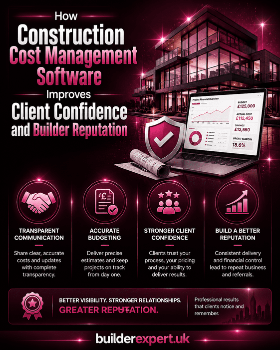 Professional dark pink infographic showing how construction cost management software improves client confidence, strengthens builder reputation, supports accurate budgeting, and increases transparency for UK residential construction projects.