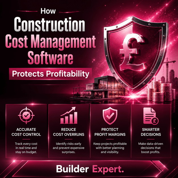 Professional dark pink infographic showing how construction cost management software helps UK residential builders reduce cost overruns, improve financial visibility, protect profit margins, and make smarter budgeting decisions in 2026.