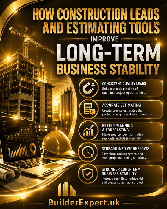 How construction leads and estimating tools improve long-term business stability infographic showing builders improving project forecasting, pricing accuracy, workflow efficiency, qualified lead generation, and sustainable construction business growth.