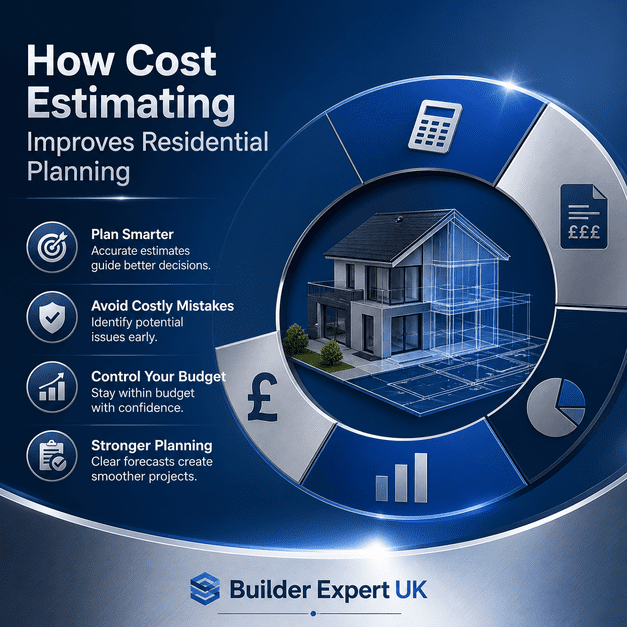Blue and silver infographic showing how cost estimating improves residential planning, featuring realistic home construction visuals, budgeting graphics, UK pound symbols, and Builder Expert UK branding.