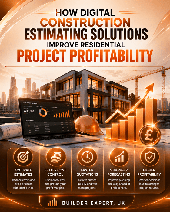 Professional orange and peach infographic showing how digital construction estimating solutions improve residential project profitability through accurate estimates, stronger forecasting, faster quotations, better cost control, and improved financial visibility for UK residential builders.