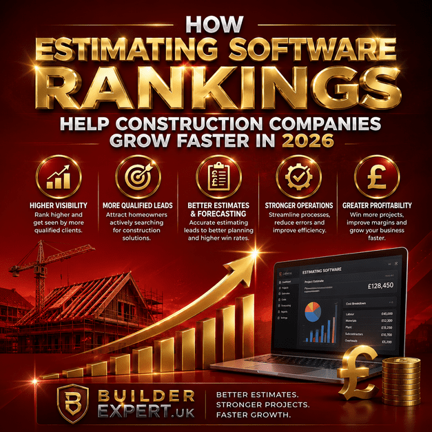 Professional red and gold construction infographic showing how estimating software rankings help construction companies grow faster in 2026 through stronger visibility, qualified leads, better forecasting, operational efficiency, and higher profitability.