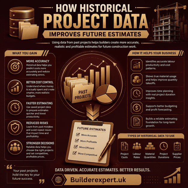 Historical project data infographic showing how builders improve future construction estimates through accurate budgeting, cost forecasting, labour tracking, and data-driven estimating systems.