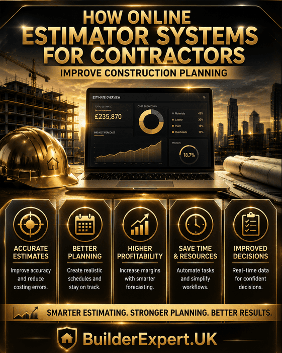 How_Online_Estimator_Systems_for_Contractors_Improve_Construction_Planning_50 Professional dark earth-tone construction infographic explaining how online estimator systems for contractors improve construction planning through forecasting visibility, quotation accuracy, operational efficiency, and project coordination.