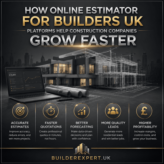 Professional dark grey and gold construction infographic showing how online estimator for builders UK platforms help construction companies improve forecasting accuracy, quotation speed, operational efficiency, residential lead generation, and long-term profitability.