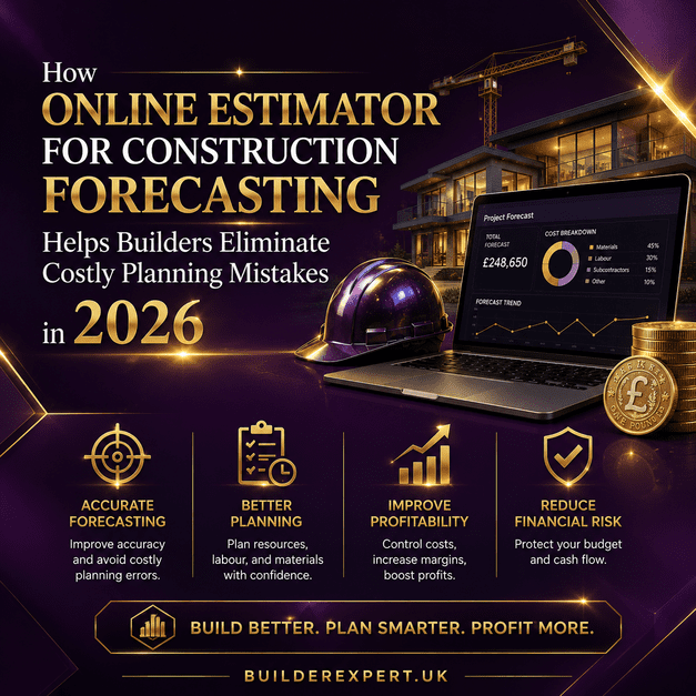 Professional dark purple and gold construction infographic showing how online estimator for construction forecasting helps builders eliminate costly planning mistakes, improve forecasting accuracy, strengthen profitability, and reduce financial risk in 2026.