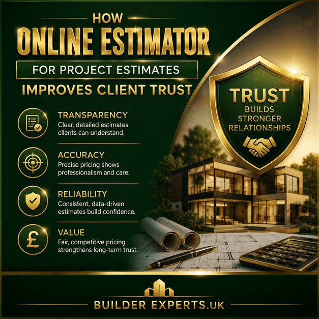 How_Online_Estimator_for_Project_Estimates_Improves_Client_Trust_50 Professional green and gold infographic showing how an online estimator for project estimates improves client trust through transparent pricing, accurate estimates, reliable forecasting, and stronger communication in UK residential construction projects.