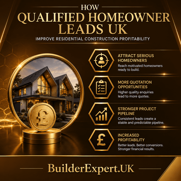 Premium infographic showing how qualified homeowner leads UK improve residential construction profitability through stronger homeowner targeting, higher quotation conversion, project pipeline stability, and sustainable business growth.