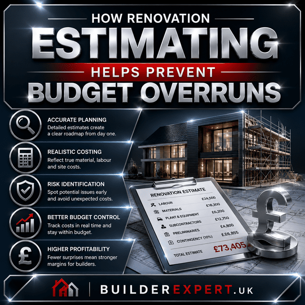 Infographic showing how renovation estimating helps prevent budget overruns including accurate planning, cost control, and real-time tracking