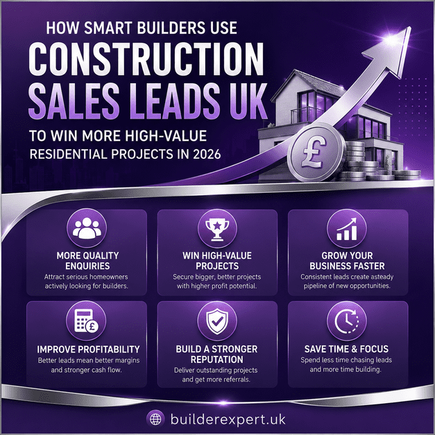 Professional purple and silver infographic showing how smart builders use construction sales leads UK to generate more residential enquiries, win higher-value projects, improve profitability, and grow their construction businesses in 2026.