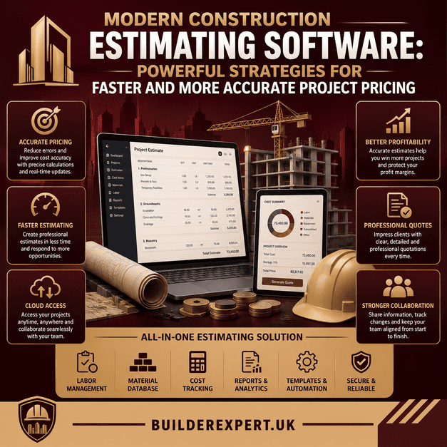 Modern construction estimating software infographic featuring faster project pricing, accurate construction estimates, cloud-based estimating tools, budgeting systems, and professional builder workflows.