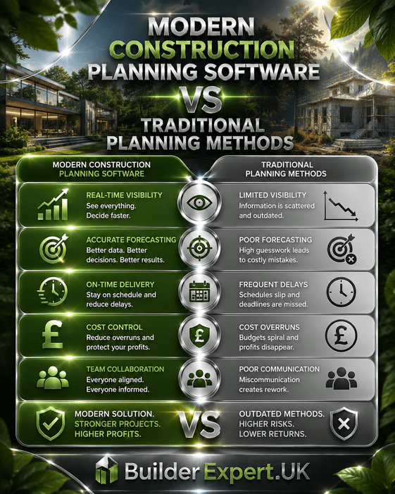 Professional nature-themed construction infographic comparing modern construction planning software vs traditional planning methods, highlighting differences in forecasting visibility, scheduling coordination, operational efficiency, budgeting control, and long-term residential profitability.
