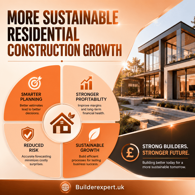 Professional orange and peach infographic showing more sustainable residential construction growth through smarter planning, stronger profitability, reduced financial risk, and sustainable long-term business development for UK residential builders.