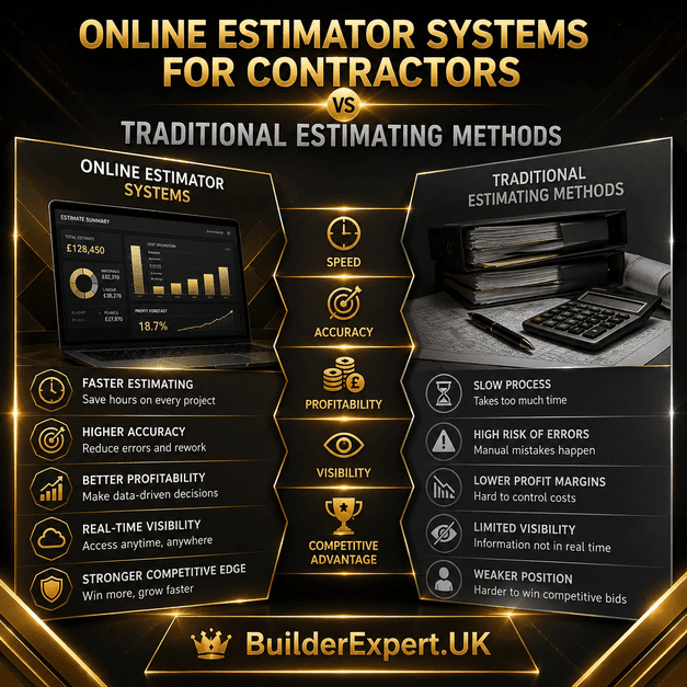 Online_Estimator_Systems_for_Contractors_vs_Traditional_Estimating_Methods_50 Professional dark earth-tone construction infographic comparing online estimator systems for contractors vs traditional estimating methods, highlighting forecasting visibility, quotation speed, operational efficiency, profitability, and construction planning advantages.