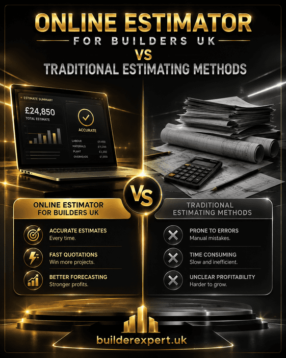 Professional grey and gold construction infographic comparing online estimator for builders UK platforms with traditional estimating methods, highlighting faster quotations, better forecasting, improved operational efficiency, and stronger construction profitability.