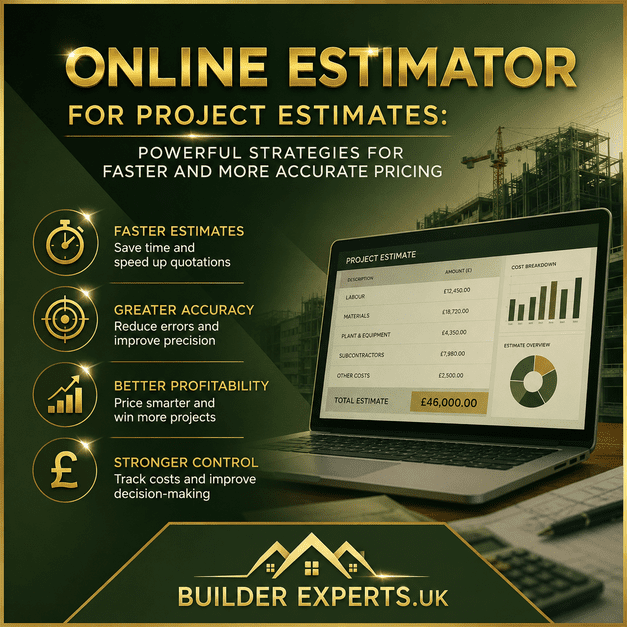 Online_Estimator_for_Project_Estimates_50 Professional khaki green and gold infographic showing an online estimator for project estimates with faster pricing, improved estimating accuracy, stronger cost control, and better profitability for UK residential construction projects.