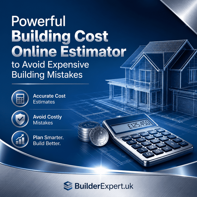 Blue and silver infographic for a building cost online estimator featuring realistic residential construction visuals, UK pound pricing, calculator graphics, and BuilderExpert.uk branding.