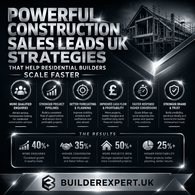 Professional dark silver construction infographic showing powerful construction sales leads UK strategies that help residential builders improve project pipelines, increase profitability, strengthen forecasting, and scale construction businesses faster in 2026.