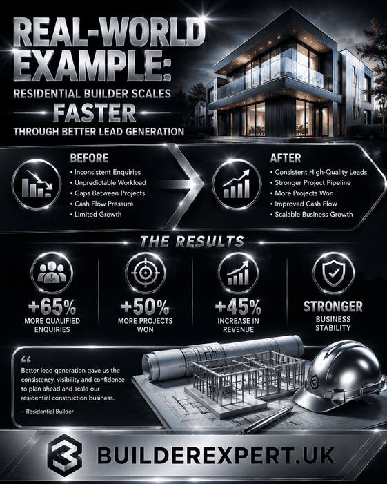 Professional dark silver construction infographic showing a real-world example of how a residential builder scaled faster through better lead generation, improved project pipelines, stronger profitability, and increased business stability.
