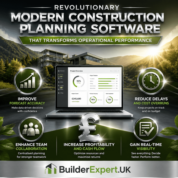 Professional nature-themed construction software infographic highlighting revolutionary modern construction planning software that transforms operational performance, improves forecasting accuracy, reduces project delays, strengthens team collaboration, and increases long-term construction profitability.