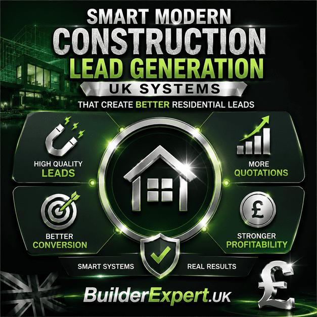 Professional dark pistachio green and black construction infographic highlighting smart modern construction lead generation UK systems that create better residential leads, improve operational efficiency, increase quotation opportunities, and strengthen long-term residential profitability.