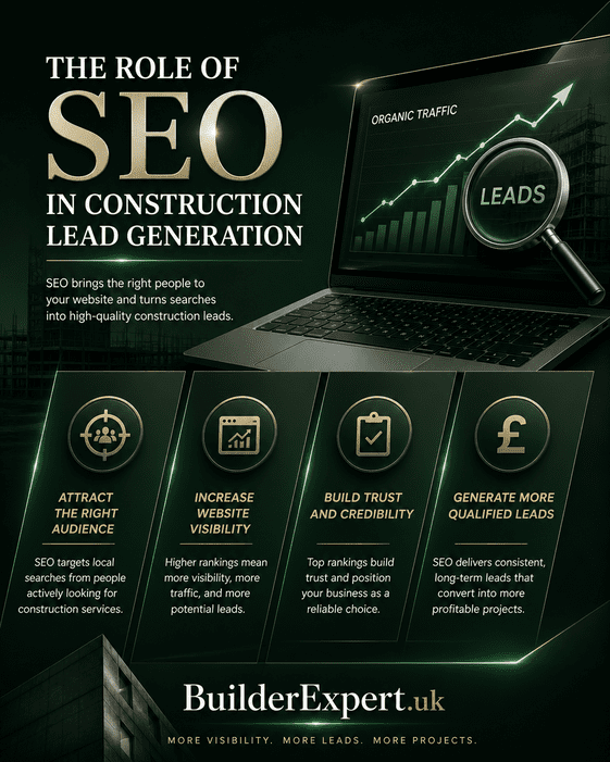 Professional 4:5 construction SEO infographic with dark green background, illustrating the role of SEO in construction lead generation with premium business visuals and BuilderExpert.uk branding.