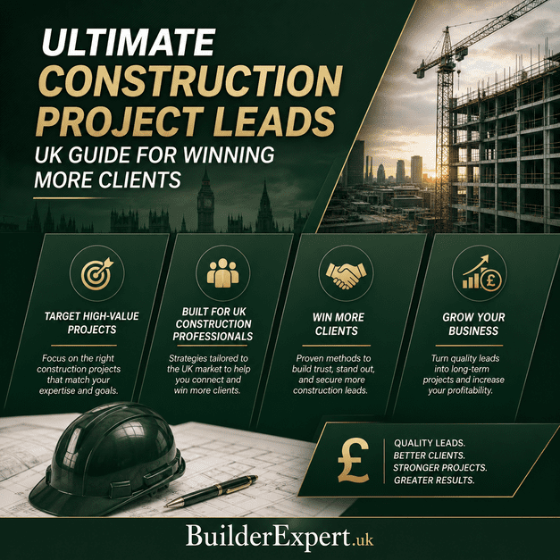 Professional square infographic for the “Ultimate Construction Project Leads UK Guide for Winning More Clients” article, featuring dark green construction-themed design, UK-focused project lead insights, and BuilderExpert.uk branding.
