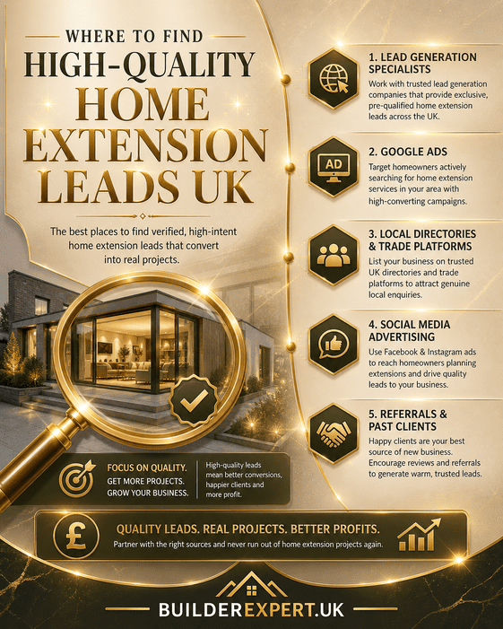 Infographic showing where to find high-quality home extension leads UK including SEO, ads, directories, and referrals