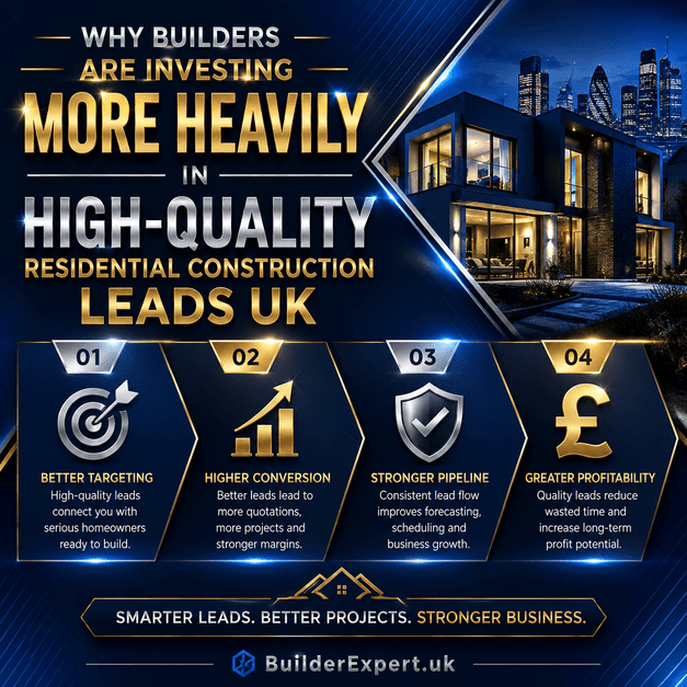 Why_Builders_Are_Investing_More_Heavily_in_High-Quality_Residential_Construction_Leads_UK_50 Premium blue construction infographic explaining why builders are investing more heavily in high-quality residential construction leads UK systems to improve homeowner targeting, quotation conversion, operational visibility, and long-term profitability.