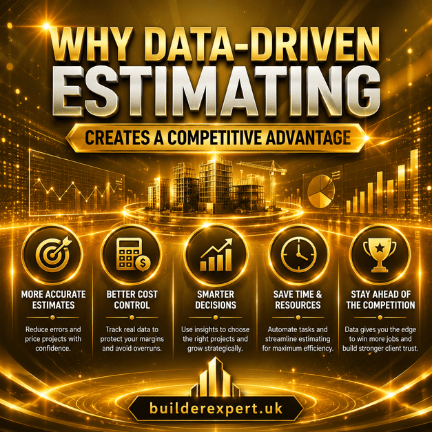 Why data-driven estimating creates a competitive advantage infographic for builders and contractors showing accurate pricing, budgeting control, smarter project planning, workflow efficiency, profitability growth, and modern construction estimating systems using real-time construction data.
