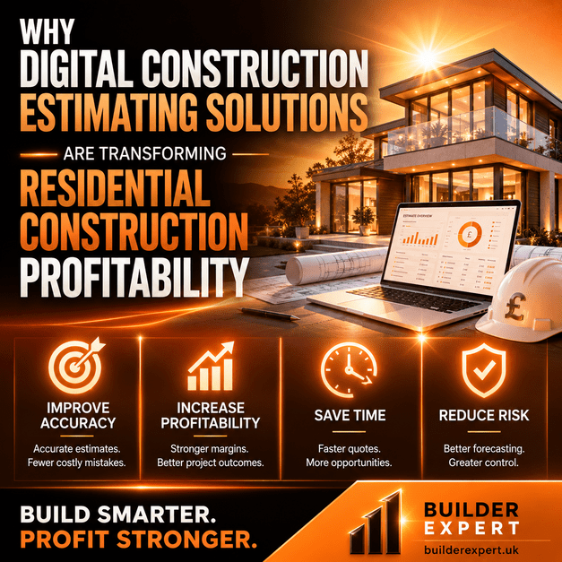 Professional orange and peach infographic showing how digital construction estimating solutions improve residential construction profitability through faster estimates, stronger forecasting, improved pricing accuracy, and reduced financial risk for UK builders.