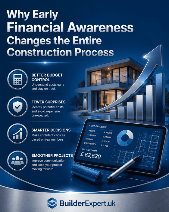 Blue and silver vertical infographic showing why early financial awareness improves residential construction planning, featuring realistic housing visuals, budgeting graphics, UK pound symbols, and BuilderExpert.uk branding.