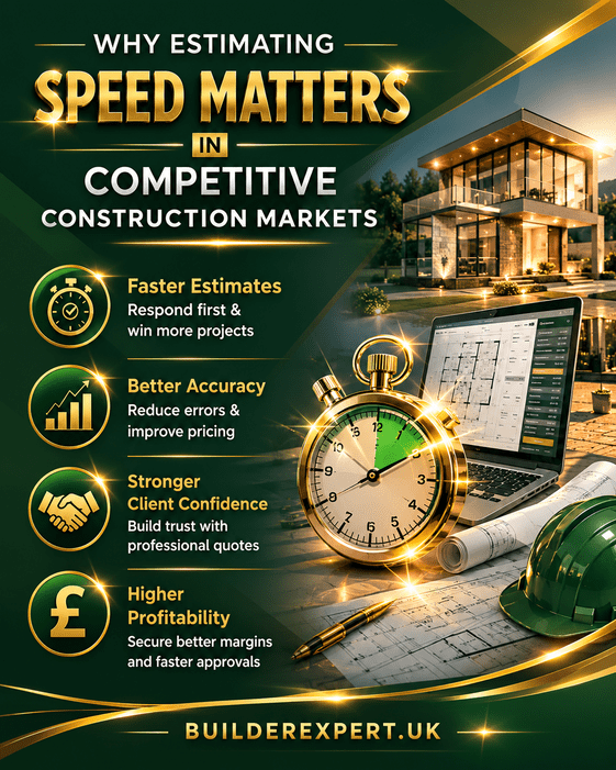 Why_Estimating_Speed_Matters_in_Competitive_Construction_Markets_50 Professional green and gold infographic showing why estimating speed matters in competitive construction markets, including faster quotations, improved pricing accuracy, stronger client confidence, and higher profitability for UK residential builders.