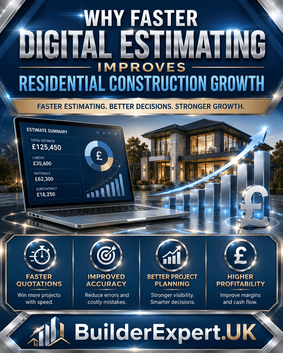 Professional blue and beige construction infographic highlighting why faster digital estimating improves residential construction growth through stronger forecasting visibility, improved quotation accuracy, healthier operational efficiency, and higher long-term profitability.