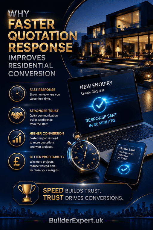 Why_Faster_Quotation_Response_Improves_Residential_Conversion_50 Premium blue construction infographic explaining why faster quotation response improves residential conversion through stronger homeowner trust, faster communication, higher conversion rates, and improved construction profitability.