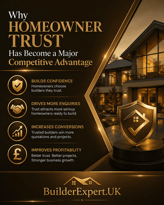 Luxury vertical construction infographic explaining why homeowner trust has become a major competitive advantage for residential builders through stronger credibility, higher conversion rates, increased enquiries, and improved profitability.