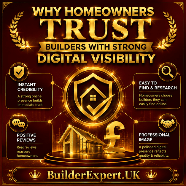 Professional burgundy and gold construction infographic explaining why homeowners trust builders with strong digital visibility, highlighting online credibility, positive reviews, operational professionalism, easier research visibility, and stronger homeowner confidence.