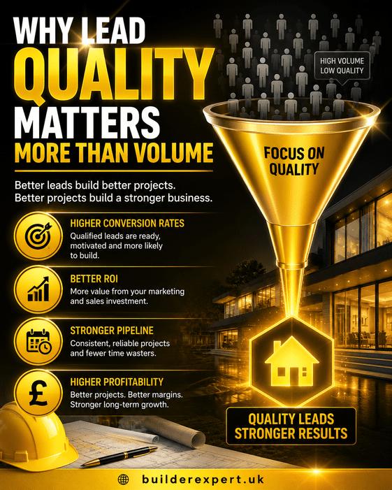 Professional yellow and gold construction infographic explaining why lead quality matters more than volume, highlighting stronger conversions, healthier project pipelines, better profitability, and improved residential construction growth.