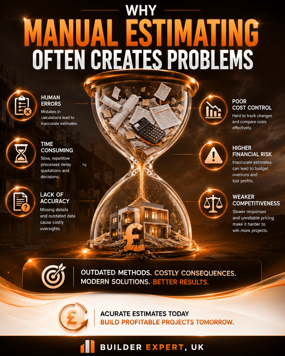 Professional orange and peach infographic showing why manual estimating often creates problems for residential builders, including pricing errors, slow quotations, poor forecasting, higher financial risk, and reduced project profitability.