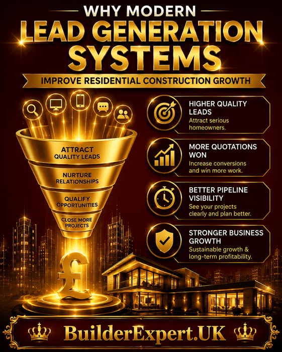 Professional burgundy and gold construction infographic explaining why modern lead generation systems improve residential construction growth through stronger lead quality, higher quotation conversion, healthier project pipelines, and improved builder profitability.