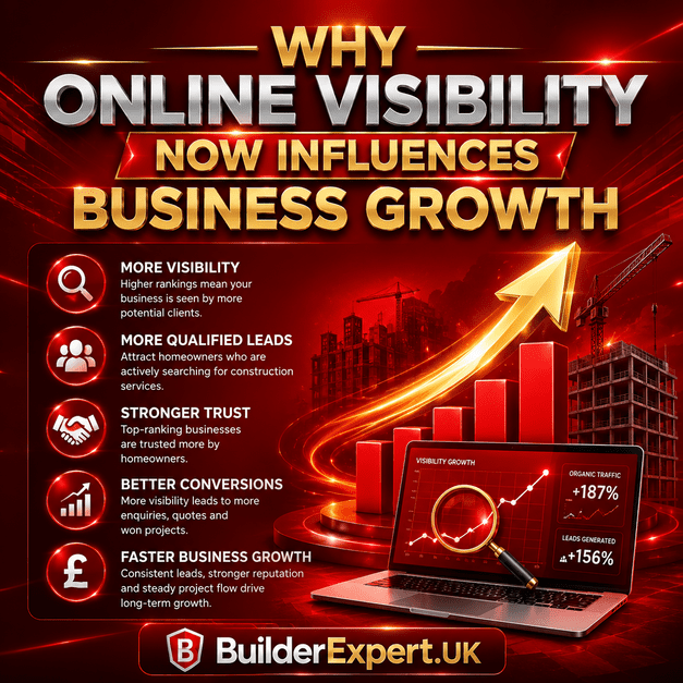 Professional red and gold construction infographic showing why online visibility now influences business growth through stronger rankings, qualified leads, increased trust, better conversions, and faster construction company growth.