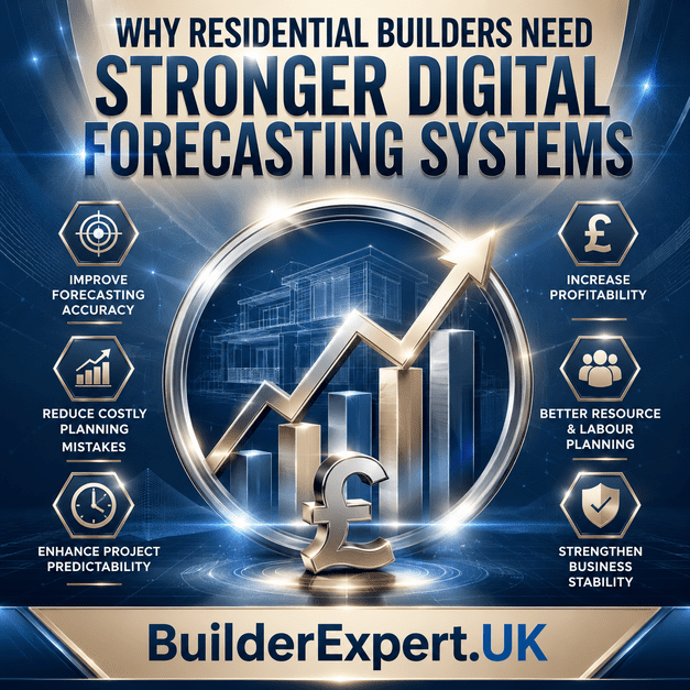 Professional blue and beige construction infographic highlighting why residential builders need stronger digital forecasting systems to improve forecasting accuracy, reduce costly planning mistakes, strengthen operational stability, and increase long-term construction profitability.