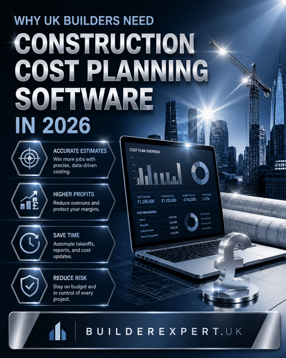 Infographic showing why UK builders need construction cost planning software in 2026 including cost control, profit growth, and real-time project tracking