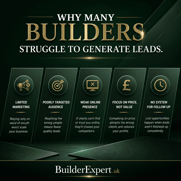 Professional square infographic explaining why many builders struggle to generate leads, featuring a dark green background, premium construction branding, and key lead generation challenges for UK builders.